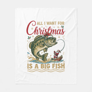 Christmas Big Fish Bass Santa Boat Fishing Fleece Blanket