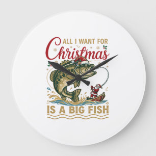 Christmas Big Fish Bass Santa Boat Fishing Large Clock
