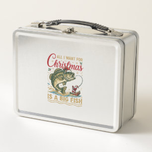 Christmas Big Fish Bass Santa Boat Fishing Metal Lunch Box