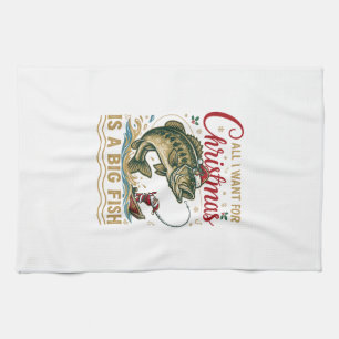 Christmas Big Fish Bass Santa Boat Fishing Tea Towel