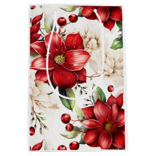Christmas Big Flower Poinsettia Red Green Pattern Medium Gift Bag