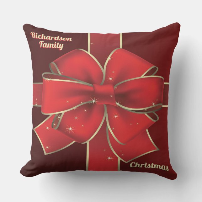 Christmas Big Red Bow Holiday Yule Ribbon Monogram Cushion (Front)