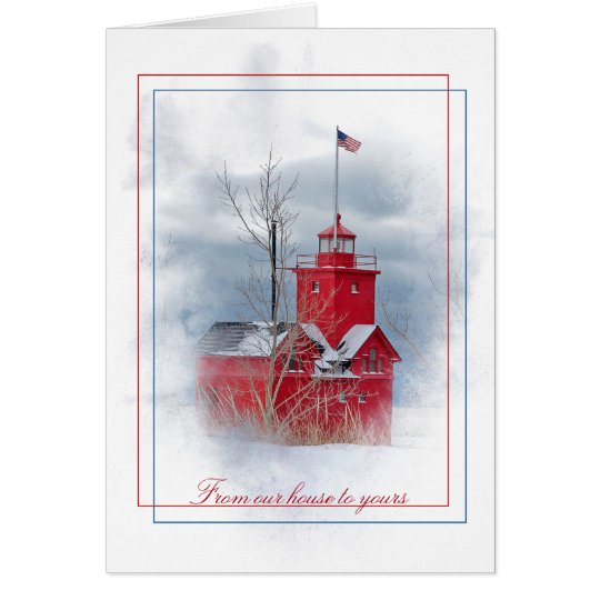 Christmas Big Red lighthouse in winter Card