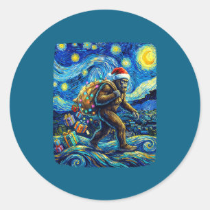 Christmas Bigfoot Santa Hat Van Gogh Starry Night Classic Round Sticker