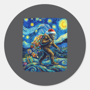 Christmas Bigfoot Santa Hat Van Gogh Starry Night Classic Round Sticker