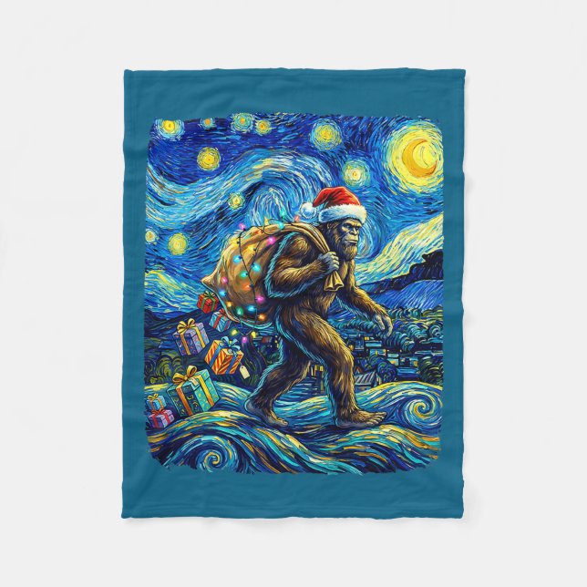 Christmas Bigfoot Santa Hat Van Gogh Starry Night  Fleece Blanket (Front)