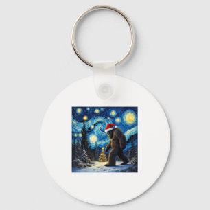 Christmas Bigfoot Santa Hat Van Gogh Starry Night  Key Ring