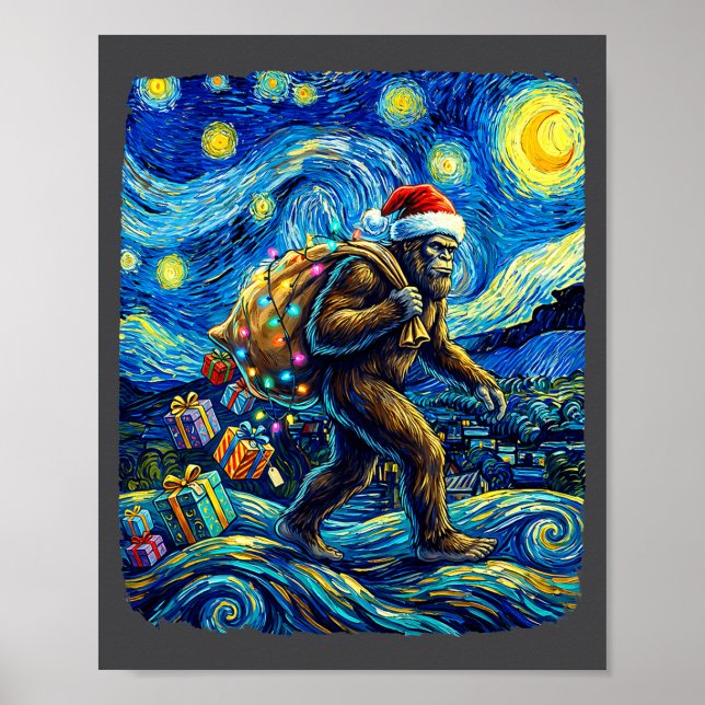 Christmas Bigfoot Santa Hat Van Gogh Starry Night  Poster (Front)