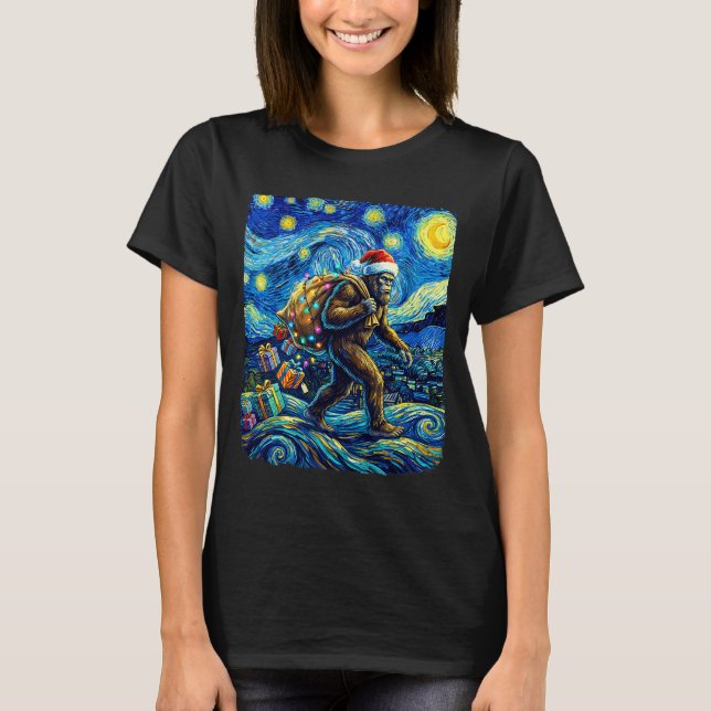 Christmas Bigfoot Santa Hat Van Gogh Starry Night  T-Shirt (Front)