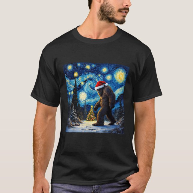 Christmas Bigfoot Santa Hat Van Gogh Starry Night  T-Shirt (Front)