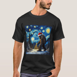 Christmas Bigfoot Santa Hat Van Gogh Starry Night T-Shirt