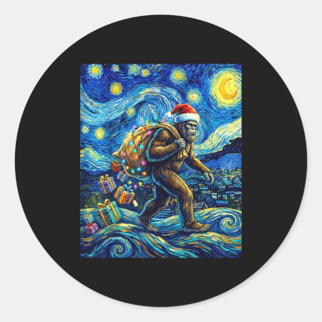 Christmas Bigfoot Santa Hat Van Gogh Walking In St Classic Round Sticker (Front)