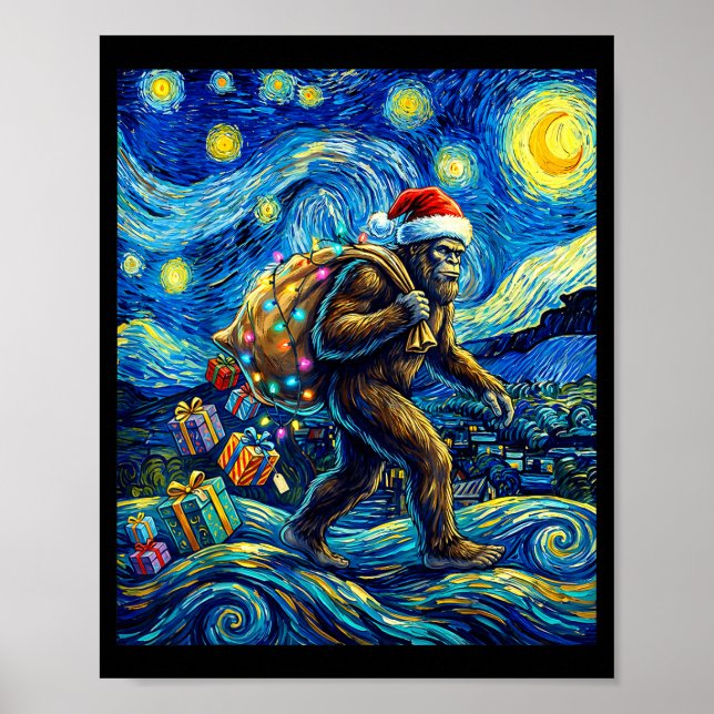 Christmas Bigfoot Santa Hat Van Gogh Walking In St Poster (Front)