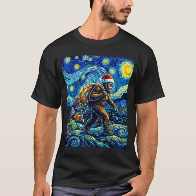 Christmas Bigfoot Santa Hat Van Gogh Walking In St T-Shirt (Front)