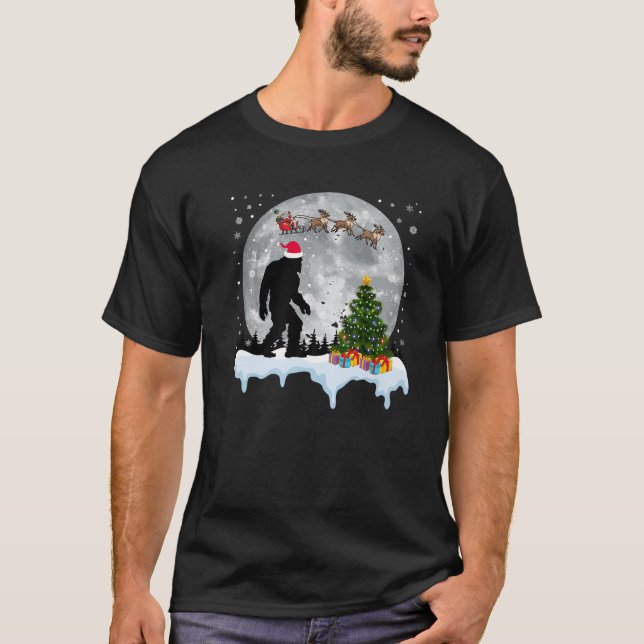 Christmas Bigfoot Santa Tree Sleigh Moon Reindeer  T-Shirt (Front)