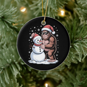 Christmas Bigfoot Sasquatch Snowman Santa Hat Xmas Ceramic Tree Decoration