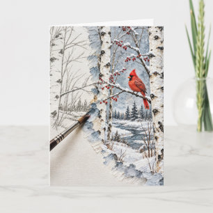 Christmas Birch Forest and Cardinal Painting Card