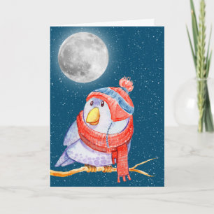 Christmas Bird and Moon with Snowflakes Card