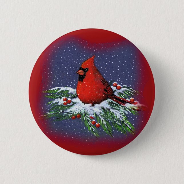 CHRISTMAS BIRD: CARDINAL: ART 6 CM ROUND BADGE (Front)