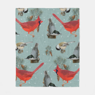 Christmas Bird Cardinal Nuthatch Chickadee Snow Fleece Blanket