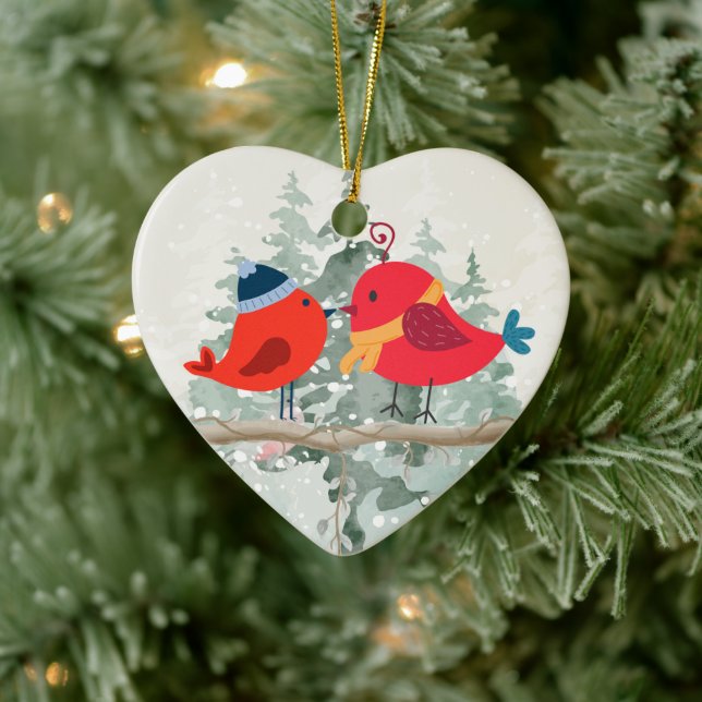 Christmas Bird Couple- Ceramic Heart Ornament (Tree)