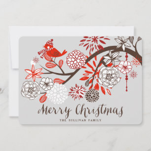 Christmas Bird Floral Holiday Flat Card