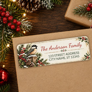 Christmas Bird Holly & Pinecones Return Address   
