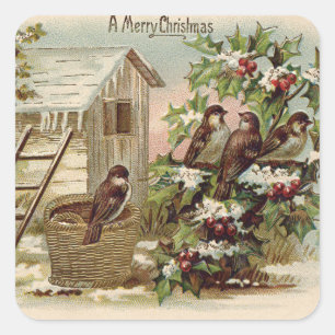 Christmas Bird Holly Snow Ladder Harvest Square Sticker
