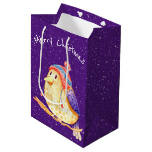 Christmas Bird in Snowflakes on Purple  Medium Gift Bag