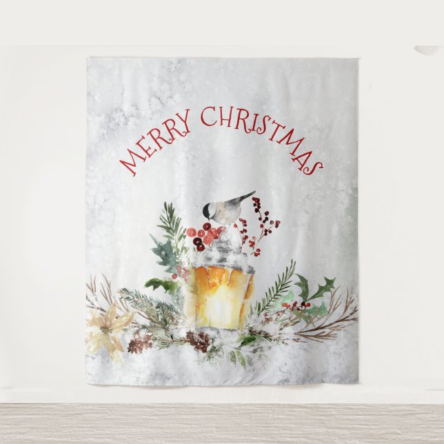 Christmas Bird in snowy woods merry Christmas Tapestry (Front)