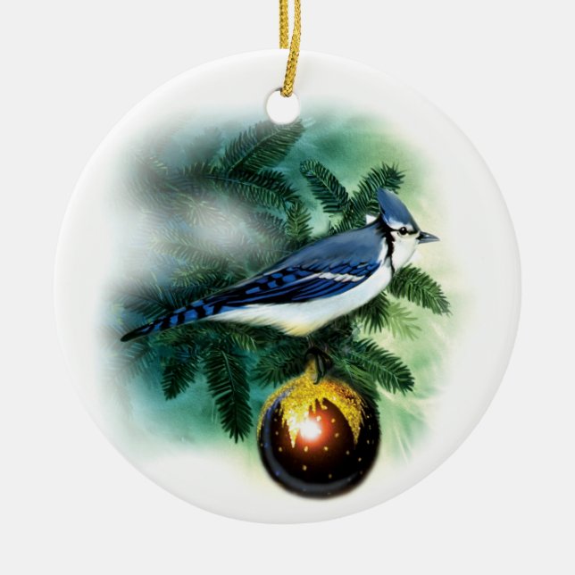 Christmas Bird Pretty Blue Jay Tree Ornament (Front)
