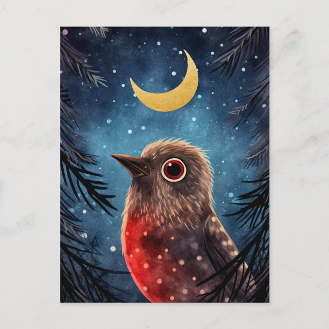 Christmas Bird Snowy Night Moon Message Holiday Postcard (Front)