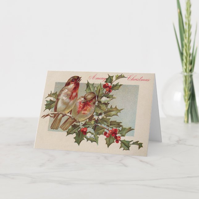 Christmas Bird Songbird Holly Snow Holiday Card (Front)