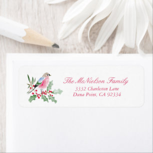 Christmas Bird Watercolor Holly Berries Address