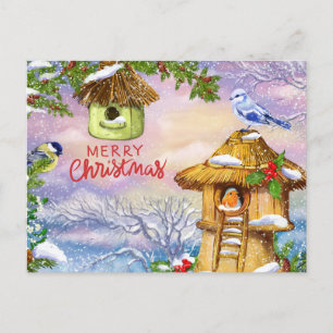 Christmas Birds and Birdhouses Nature Illustration Holiday Postcard