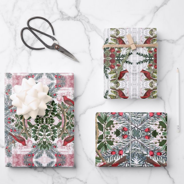 Christmas Birds and Evergreens gift wrap set (Front)