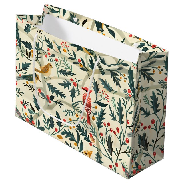 Christmas Birds and Leaves Large Gift Bag (Front Angled)