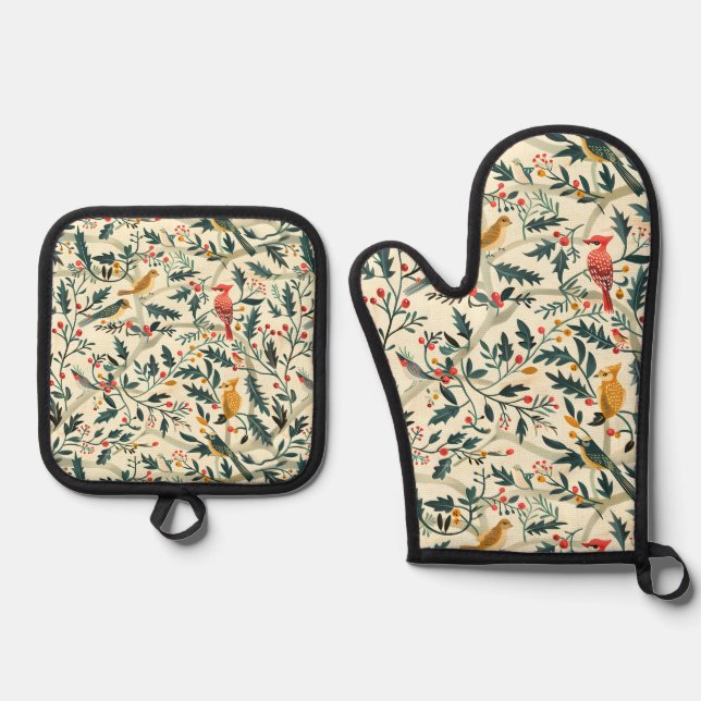 Christmas Birds and Leaves Oven Mitt & Pot Holder Set (Front)