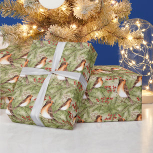 Christmas Birds and Pine Boughs and Berries Wrapping Paper