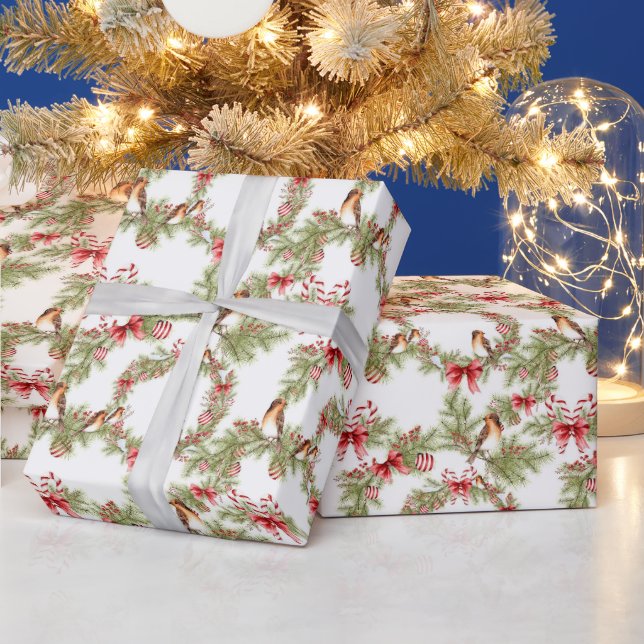 Christmas Birds and Pine Boughs and Red Bows Wrapping Paper (Holidays)