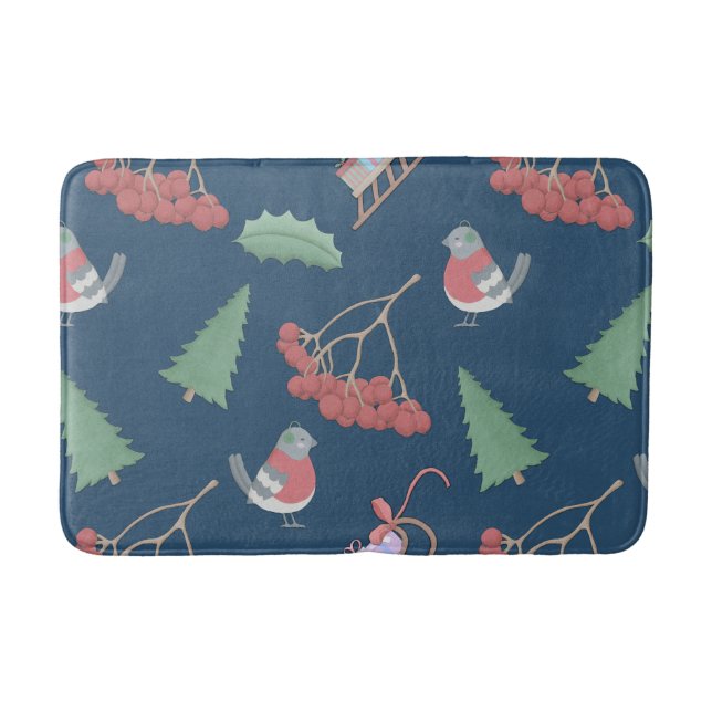Christmas Birds and Sleds Blue Bath Mat (Front)