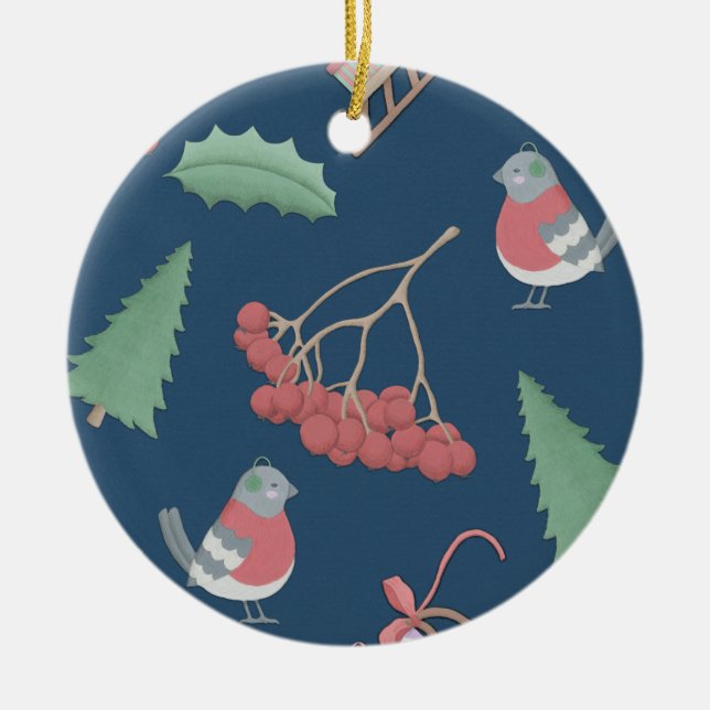 Christmas Birds and Sleds Blue Ceramic Tree Decoration (Front)