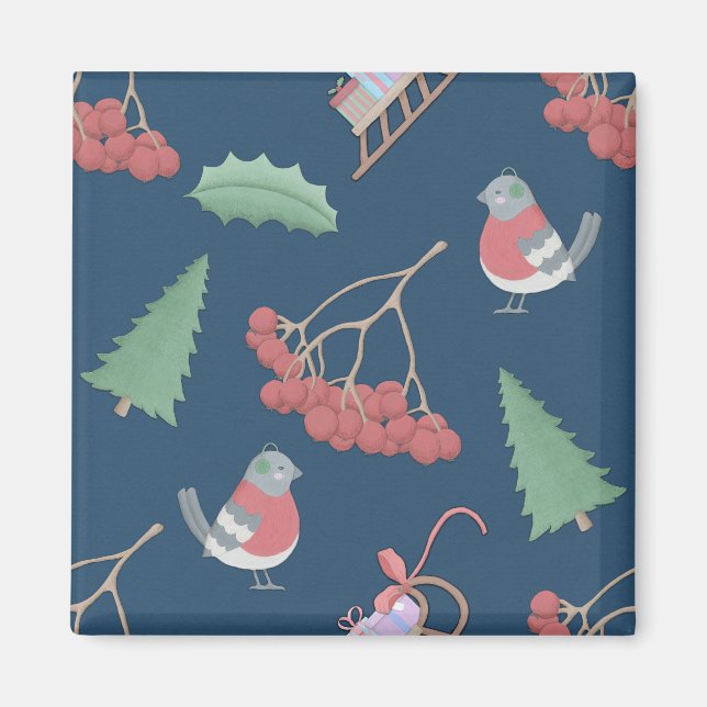 Christmas Birds and Sleds Blue Magnet (Front)