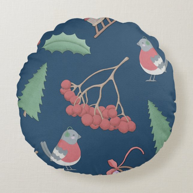 Christmas Birds and Sleds Blue Round Cushion (Front)