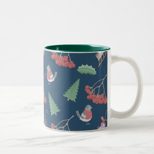 Christmas Birds and Sleds Blue Two-Tone Coffee Mug (Right)