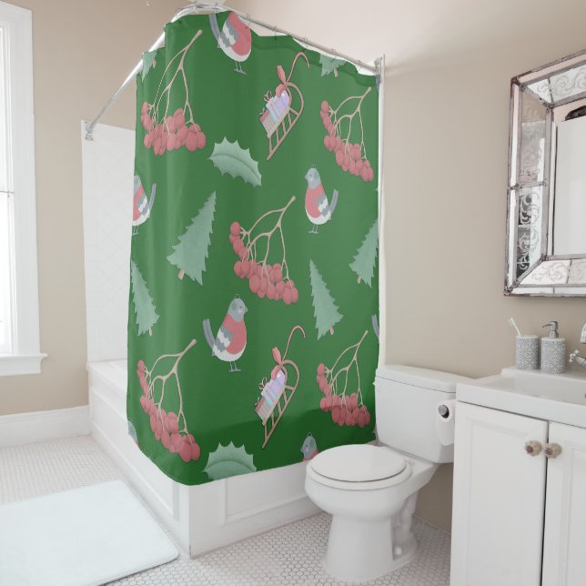 Christmas Birds and Sleds Green Shower Curtain (In Situ)