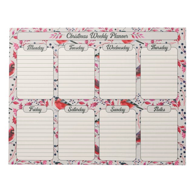 Christmas Birds Botanical Weekly Planner Notepad (Front)