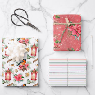 Christmas Birds, Cookies, Poinsettias and Stripes Wrapping Paper Sheet