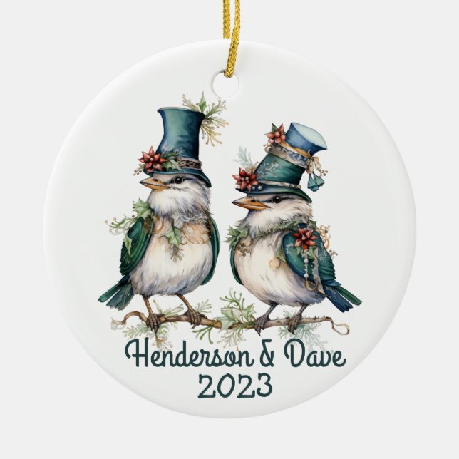 Christmas Birds Couple Green Ceramic Tree Decoration (Front)