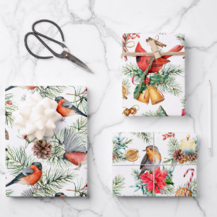Christmas Birds Greenery Wrapping Paper Sheet